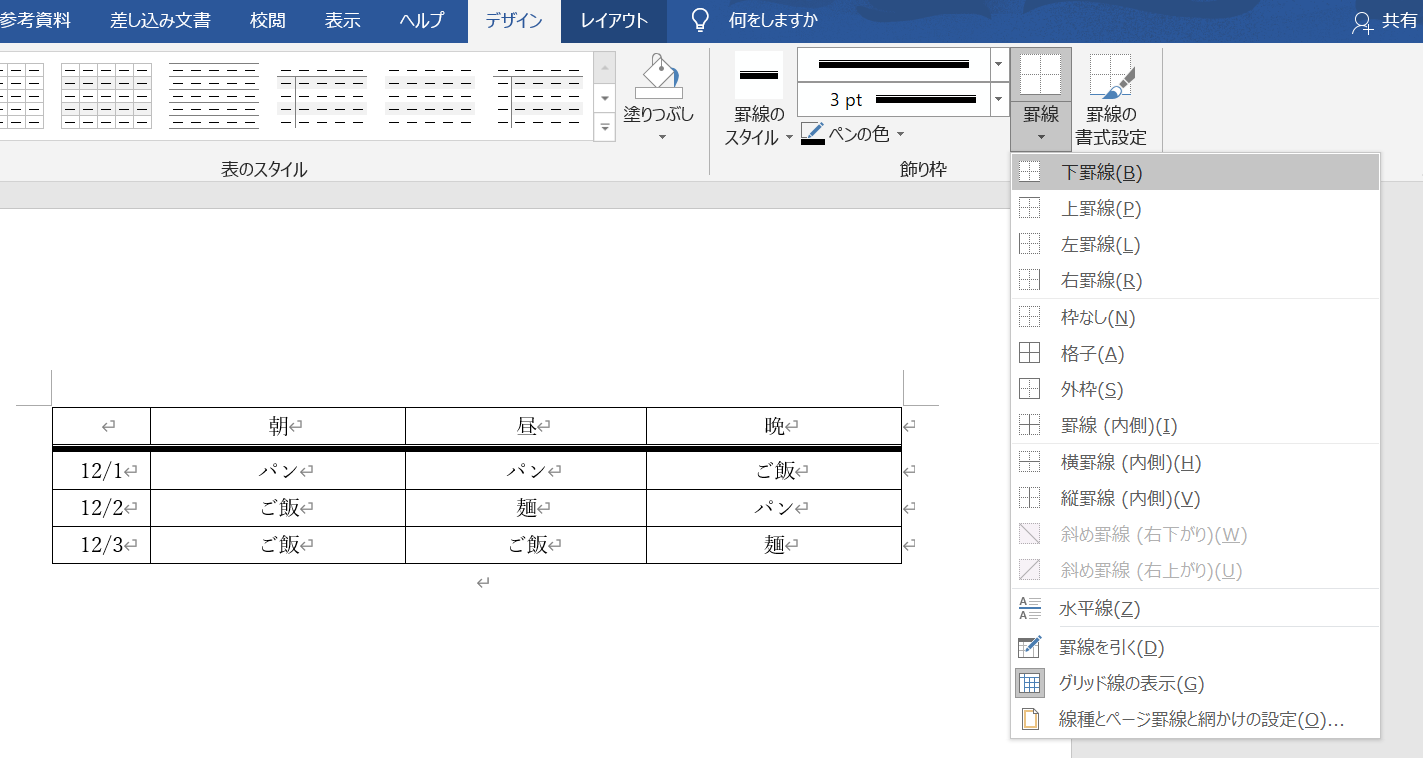 Wordデザイン 罫線の種類を変えてきれいな表を作る方法 大阪 梅田 天王寺 Noa
